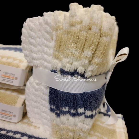 10pc Quick Dry Tan Navy 100% Zero Twist Cotton Bath Hand Washcloth Towel Set - Picture 4 of 10